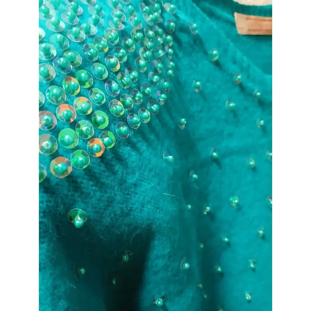 1980s Beaded Sequin CASHMERE Sweater Sz Small‎ Aqua Green Round Neck Barbiecore